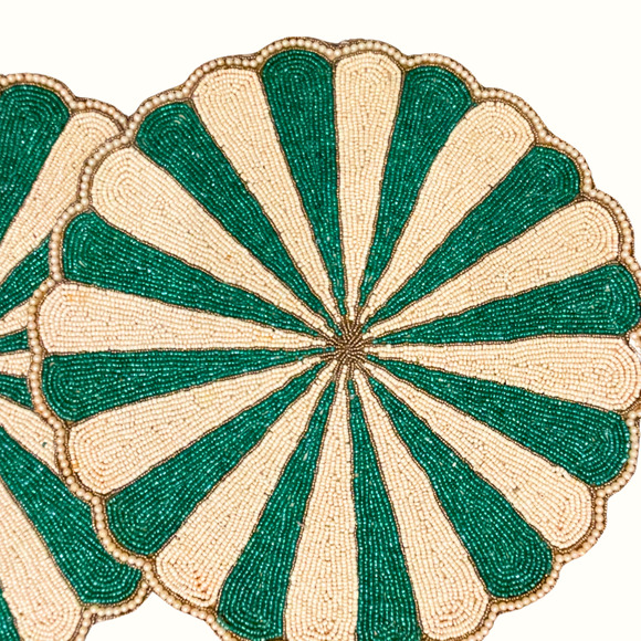 Tiramisu Glass Beaded Placemats 15in Green & Cream Candy Stripe Set of 2 NEW - Picture 3 of 9